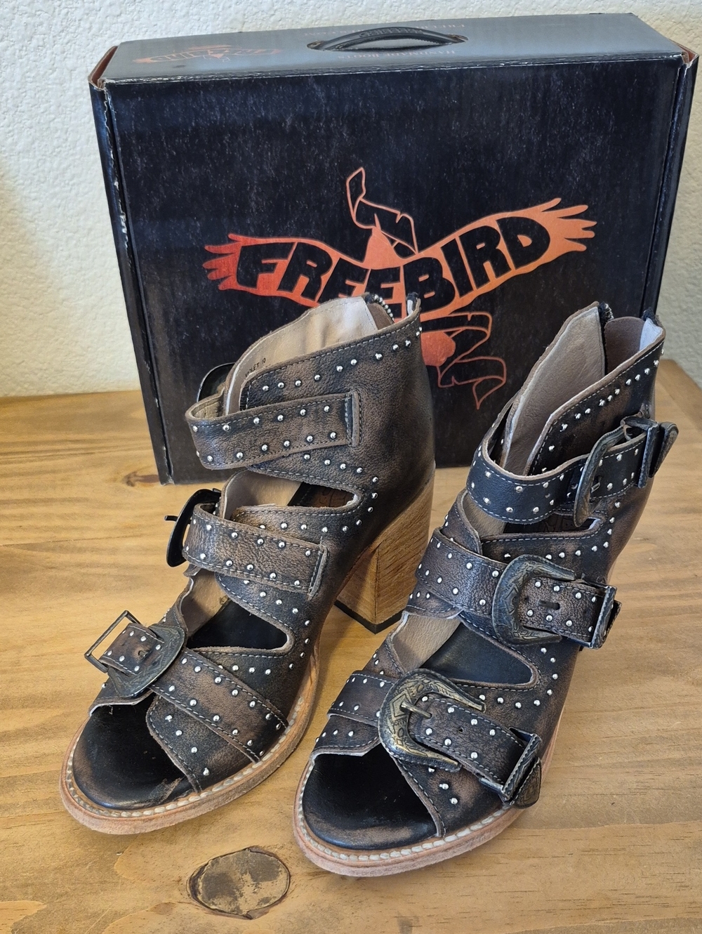 Freebird Distressed Brown Studded Cutout Buckle Heels - Picture 1 of 7